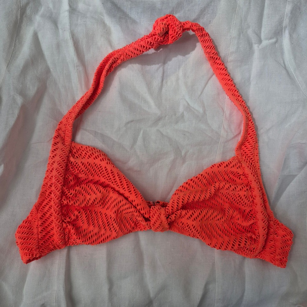 Vintage Catalina Neon Orange Crochet Mesh Halter Bikini Top XL
